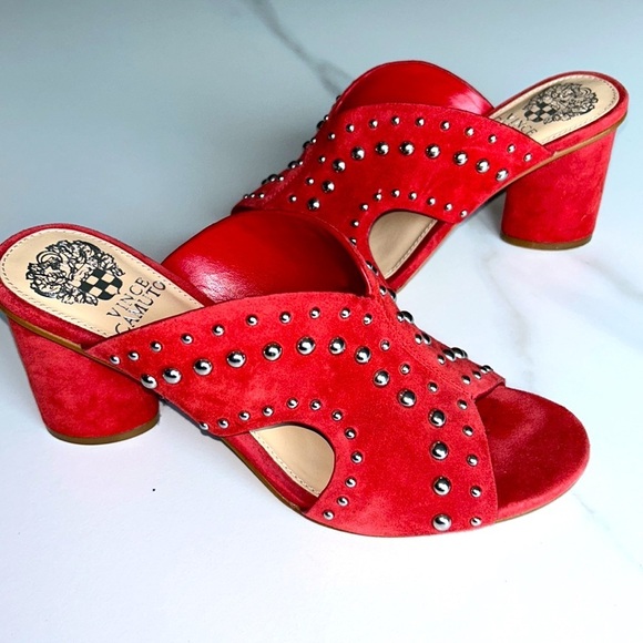 Vince Camuto Shoes - Vince Camuto Red Chunky Heel Mules with Silver Studs